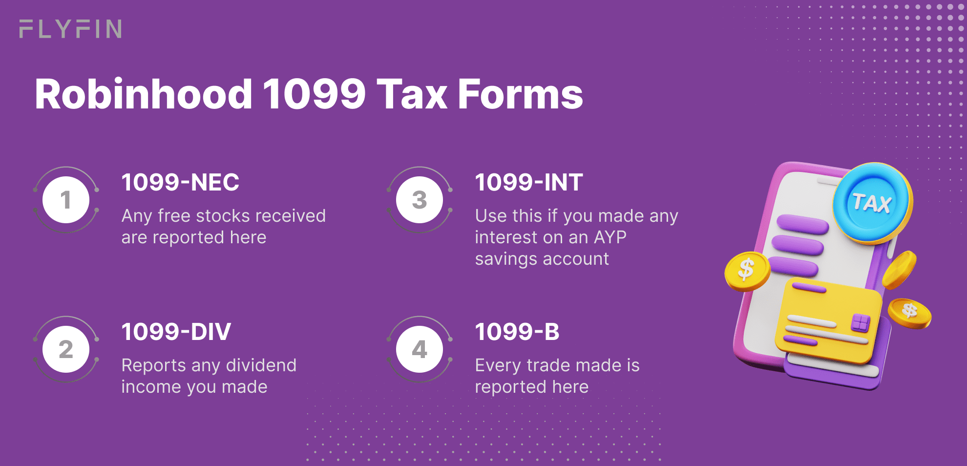 Infographic entitled Robinhood 1099 Tax Forms listing four 1099 important forms for filing Robinhood taxes.