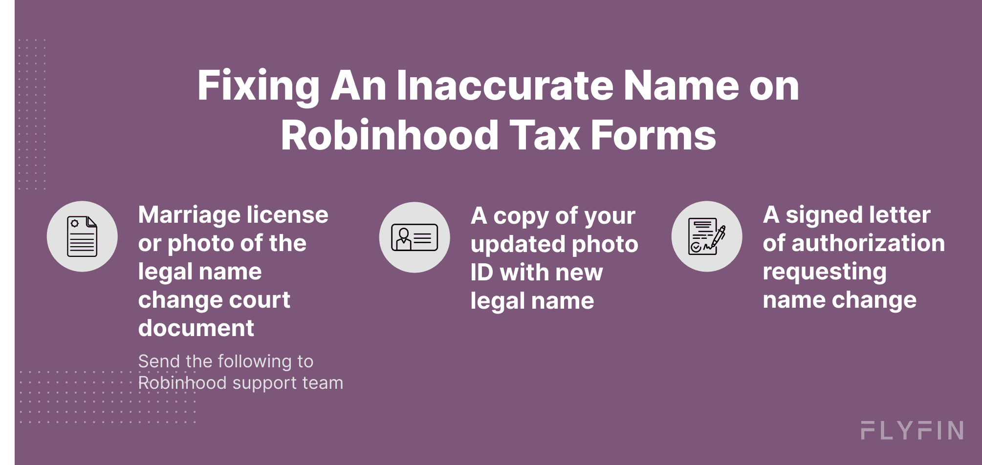 Image shows steps to fix an inaccurate name on Robinhood tax forms by submitting updated legal documents and signed authorization letter to support team.