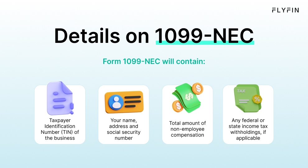Image with text explaining details on 1099-NEC form for non-employee compensation, including TIN, name, address, social security number, and tax withholdings. #1099 #taxes #freelancer