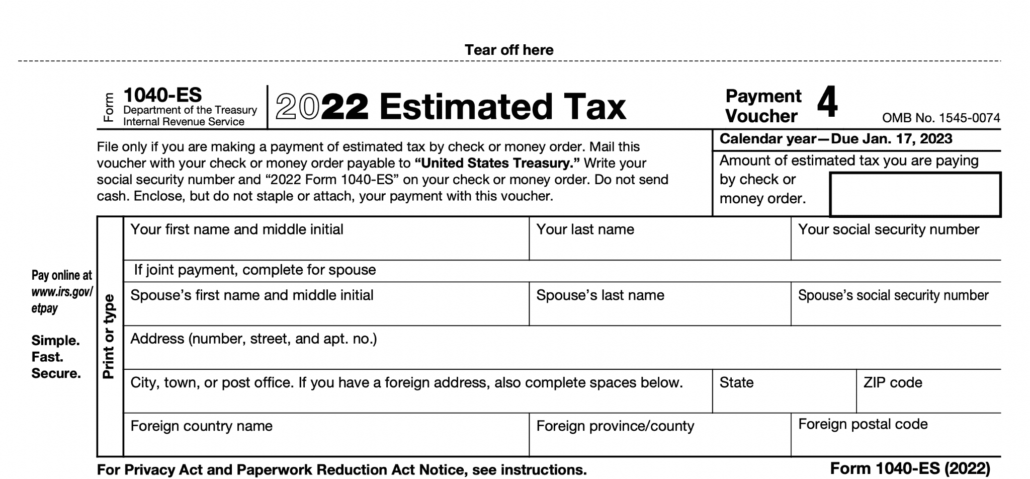 Image of a payment voucher for estimated taxes (Form 1040-ES) for the year 2022. Use it to make a payment by check or money order.