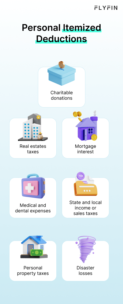 Image showing a list of personal itemized deductions including charitable donations, real estate taxes, mortgage interest, medical expenses, and state/local income or sales taxes. Relevant for taxes, self-employed, 1099, and freelancers.