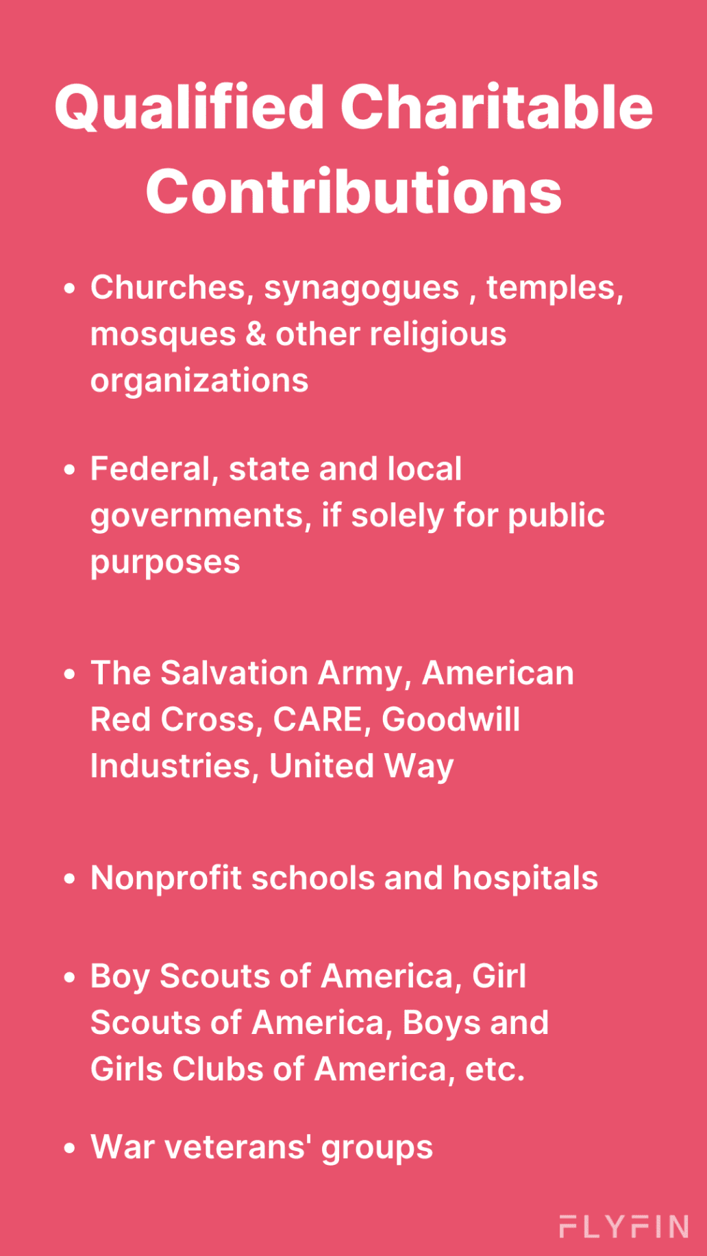 List of qualified charitable contributions including religious organizations, nonprofits, schools, hospitals, and veteran groups for tax deductions. No mention of self-employed, 1099, or freelancer.