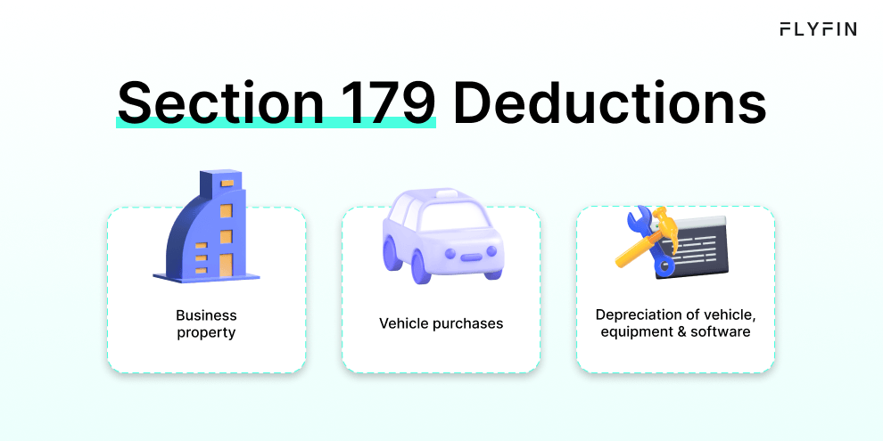 Image with text "FLY FIN" and information about Section 179 Deductions for business property, vehicle purchases, and depreciation of vehicle, equipment & software. Relevant for self-employed, 1099, and freelancer taxes.