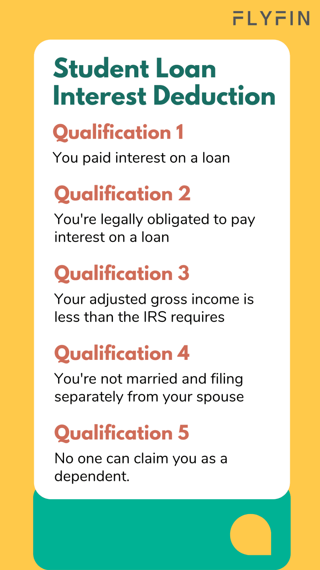Image explaining qualifications for student loan interest deduction, including payment of interest, legal obligation, income level, marital status, and dependent status. No mention of self-employment, 1099, freelancer, or taxes.