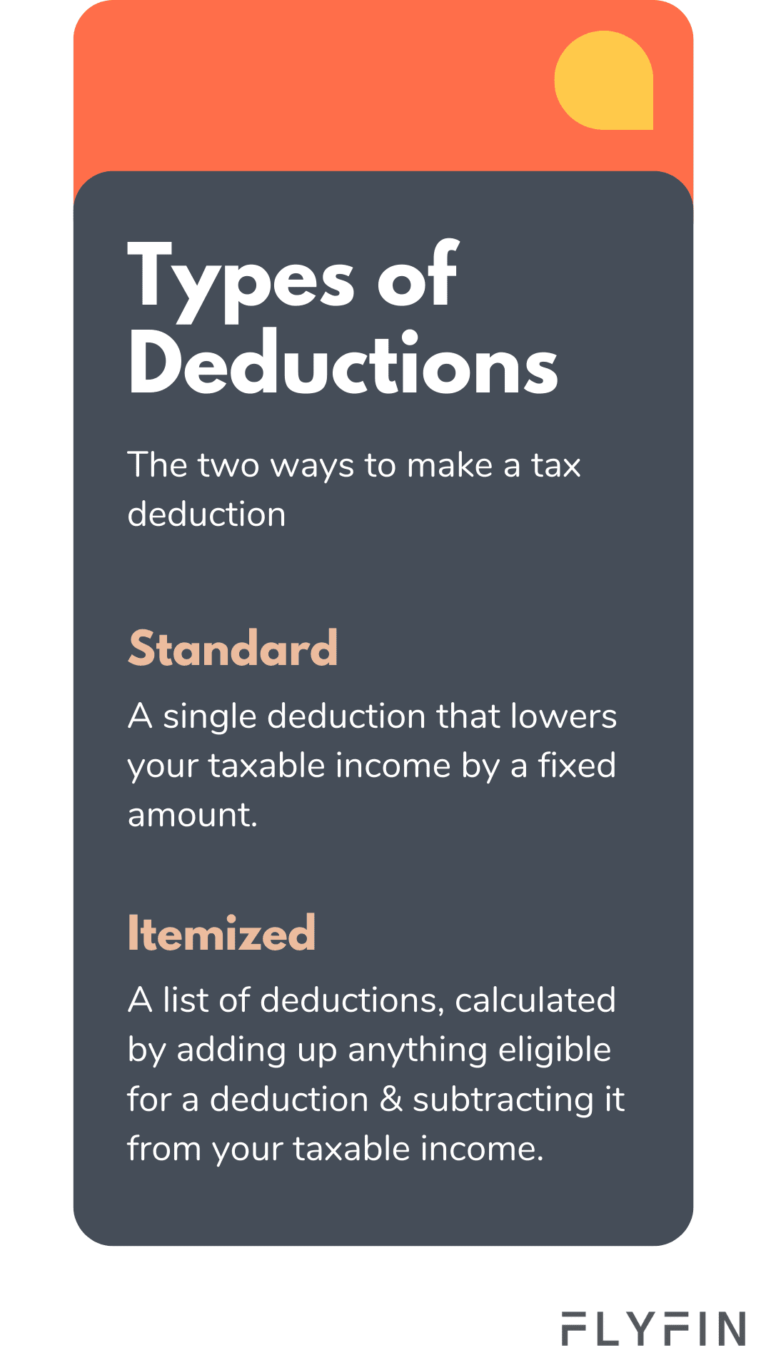 Image describing types of tax deductions - Standard (fixed amount) & Itemized (list of eligible deductions subtracted from taxable income). Relevant for self-employed, 1099, freelancer, taxes.