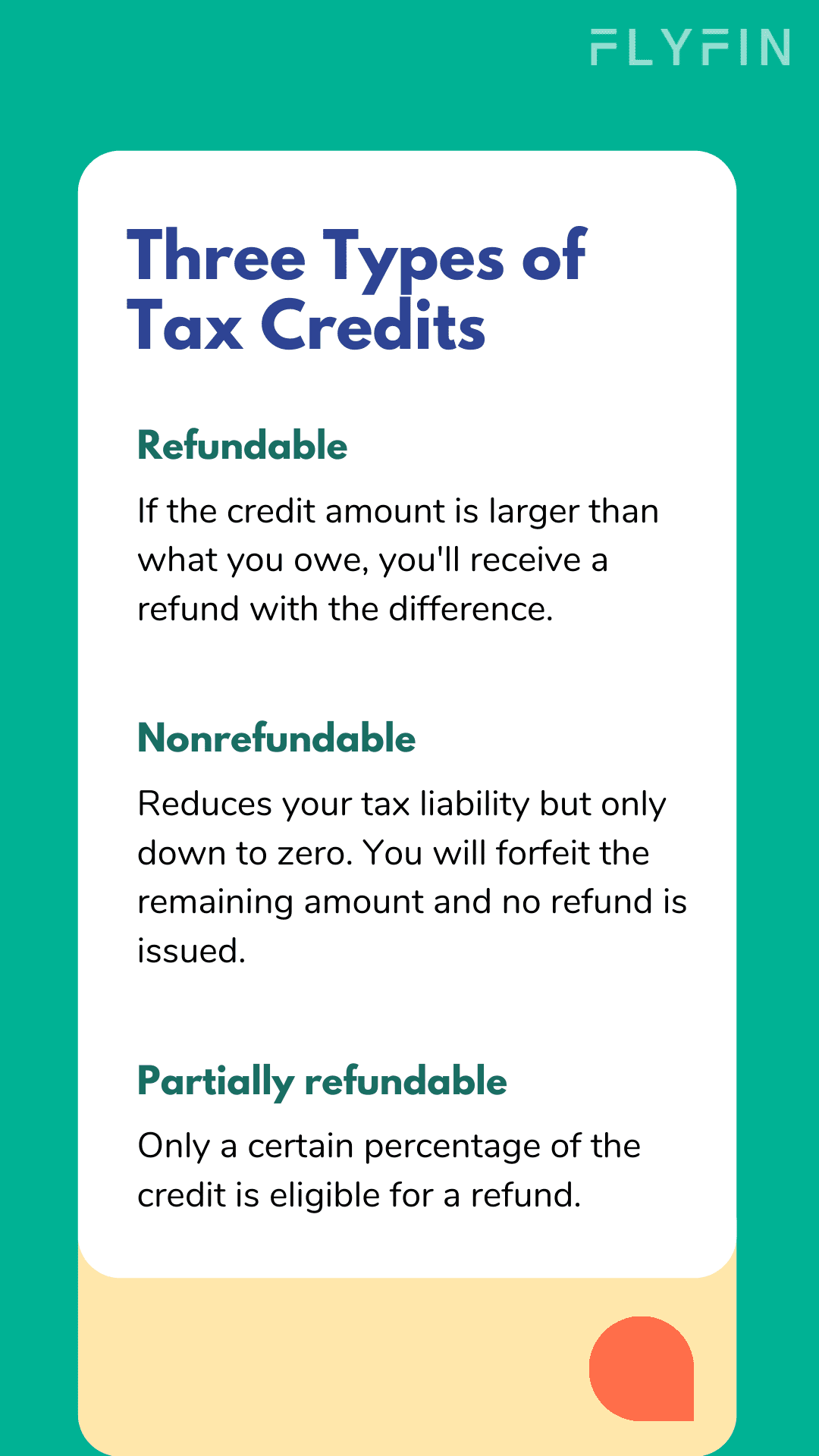 Image describing three types of tax credits - refundable, partially refundable and nonrefundable. Refundable credits give a refund if credit amount is larger than owed taxes. Nonrefundable credits only reduce tax liability to zero. No refund is issued for partially refundable credits.
