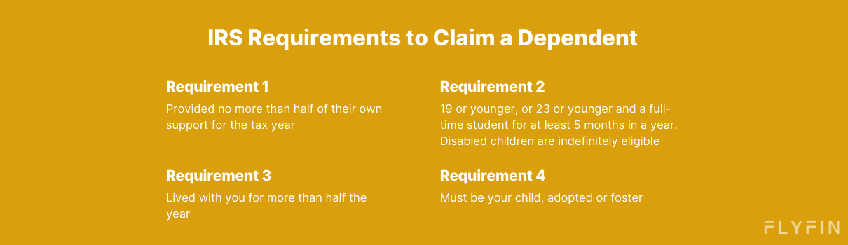 Image outlining IRS requirements to claim a dependent: child must be under 19/23 and a full-time student, lived with you for more than half the year, provided no more than half of their own support, and must be your child, adopted or foster. No mention of self-employment, 1099, freelancer, or taxes.