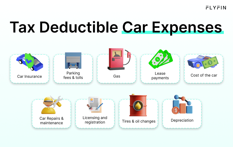 A list of tax deductible car expenses including car insurance, repairs, maintenance, parking fees, gas, car payments, licensing, registration, tires, oil changes, and depreciation. Useful for self-employed, 1099, and freelance workers for taxes.