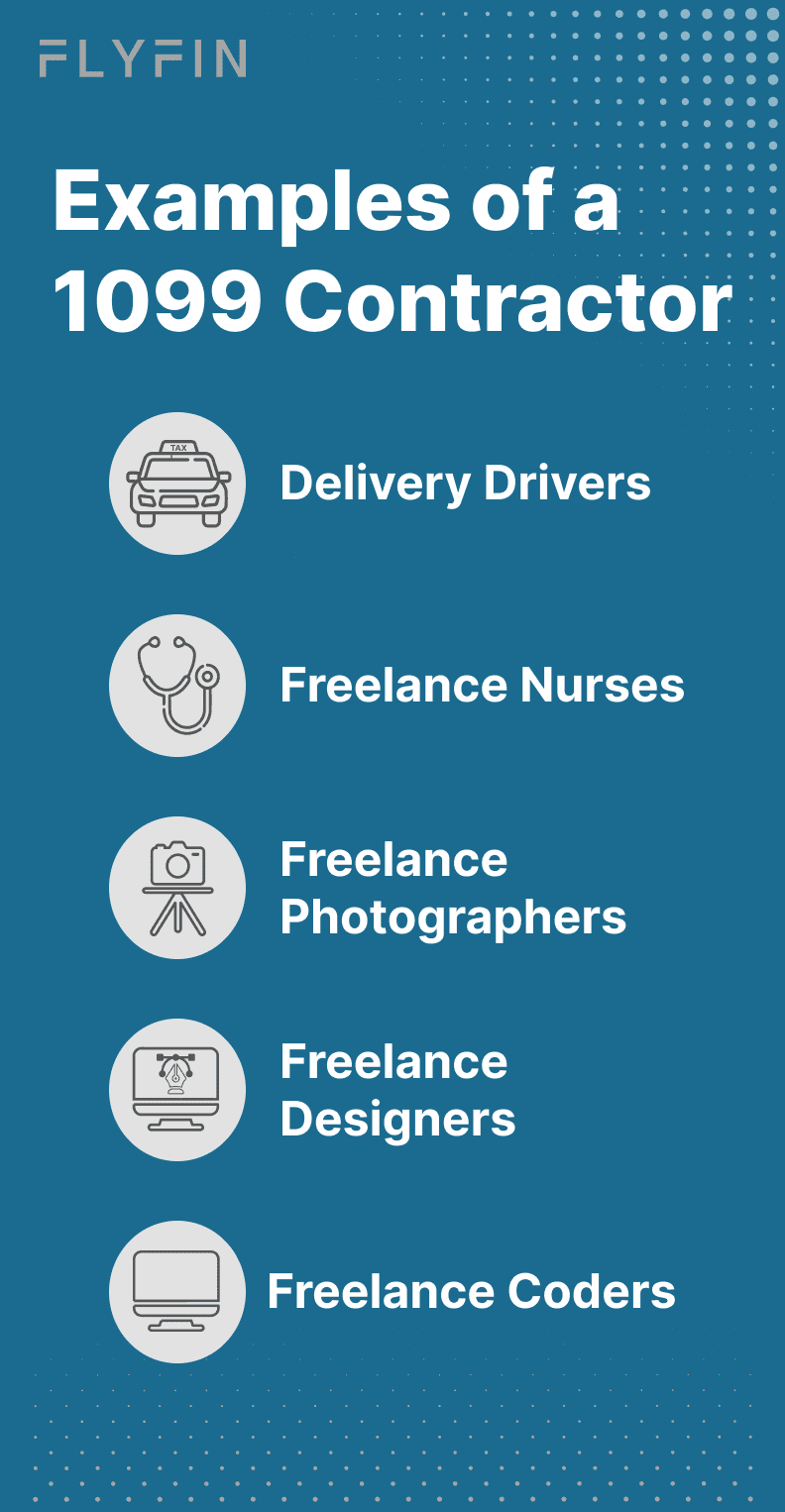 Image showcasing examples of self-employed 1099 contractors including delivery drivers, nurses, photographers, coders, and designers. Keywords: freelancer, taxes.