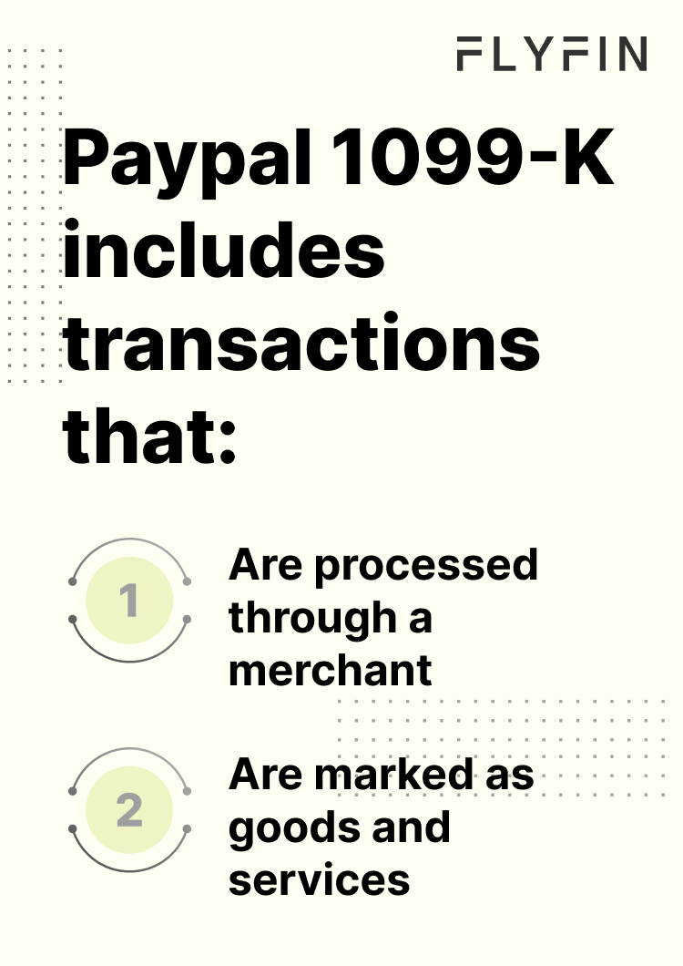 Image with text explaining that Paypal 1099-K includes transactions processed through a merchant and marked as goods and services. Relevant for taxes and self-employed individuals.