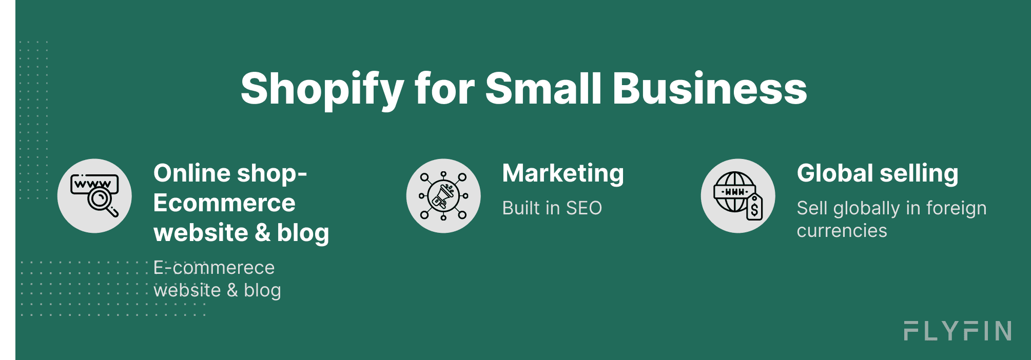 Shopify for Small Business: Ecommerce, Blog & Global SellingImage promoting Shopify for small businesses with features like online shop, ecommerce website & blog, built-in SEO, global selling in foreign currencies. Ideal for entrepreneurs and small business owners.