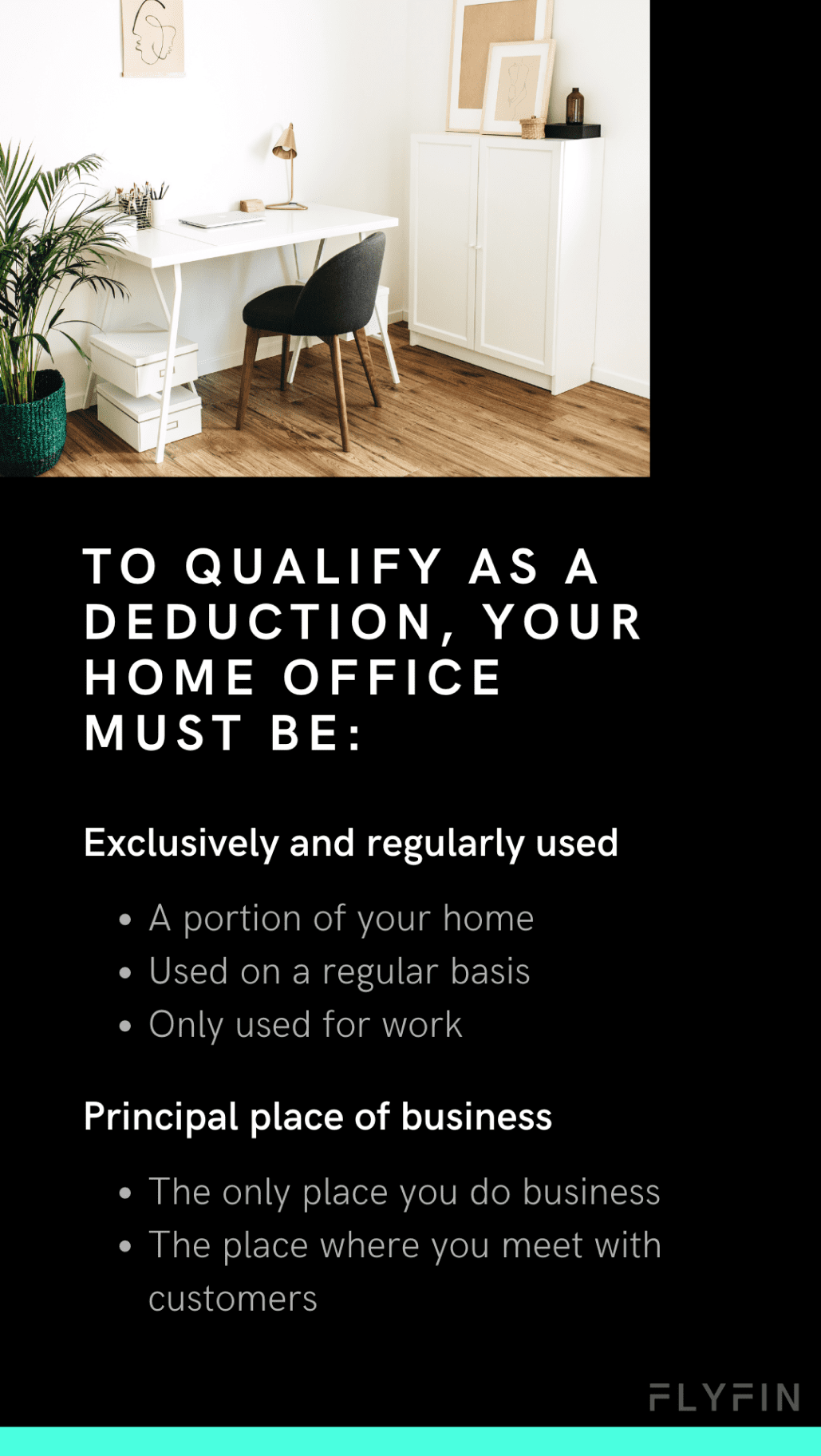 Guidelines for home office tax deduction - exclusive and regular use, principal place of business, only used for work. Relevant for self-employed, 1099, and freelancers for taxes.