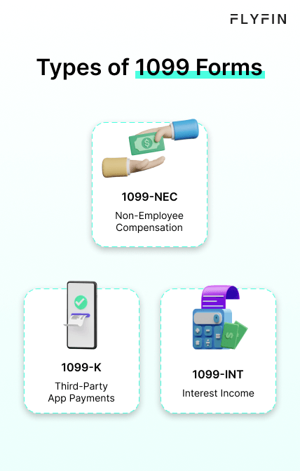 Image displaying different types of 1099 forms including 1099-NEC for non-employee compensation, 1099-K for third-party app payments, and 1099-INT for interest income. Relevant for self-employed, freelancers, and taxes.