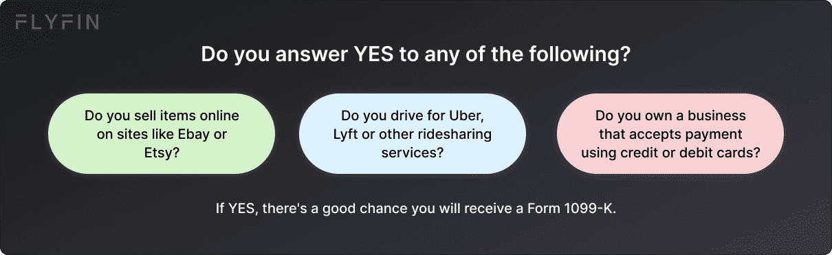 Image with text listing questions related to online selling, ridesharing, and accepting card payments. Mentions possibility of receiving Form 1099-K for tax purposes. #selfemployed #taxes #1099