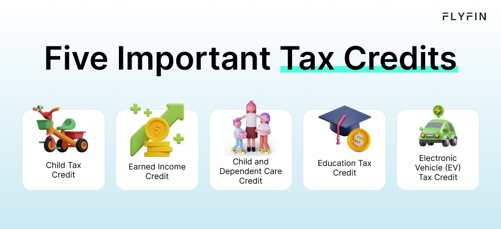 Image displaying important tax credits including Child Tax Credit, Earned Income Credit, Dependent Care Credit, Education Tax Credit, and Electronic Vehicle Tax Credit. No mention of self-employed, 1099, freelancer, or taxes.