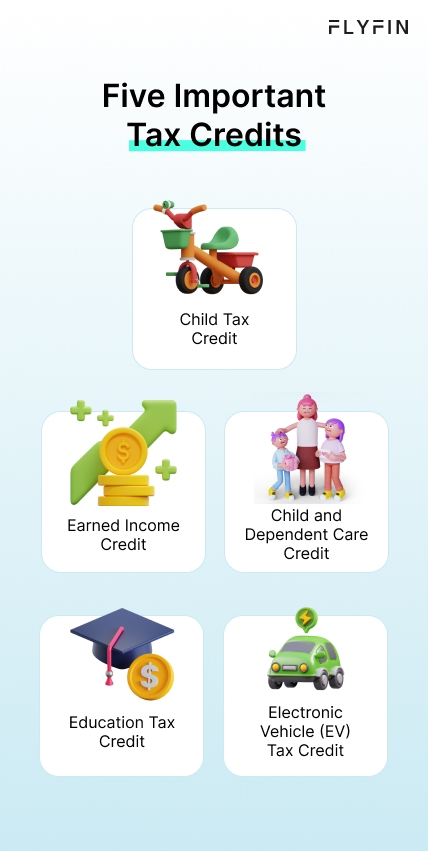 Image displaying important tax credits including Child Tax Credit, Earned Income Credit, Dependent Care Credit, Education Tax Credit, and Electronic Vehicle Tax Credit. No mention of self-employed, 1099, freelancer, or taxes.