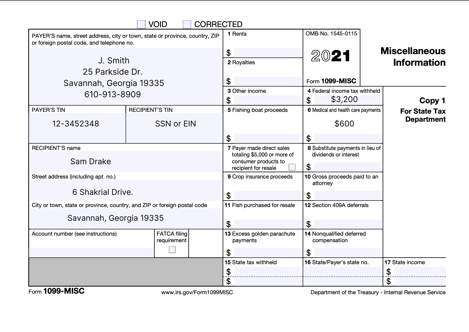 Image of a corrected Form 1099-MISC with payer and recipient information, income types, tax withholdings, and state tax department details. Relevant for self-employed, freelancers, and taxes.
