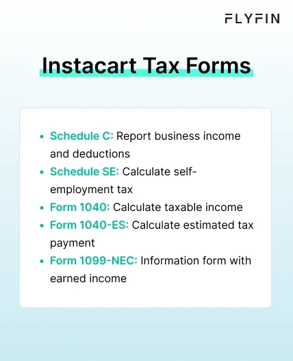 Infographic entitled Instacart Tax Forms listing important forms for those paying Instacart 1099 taxes. 