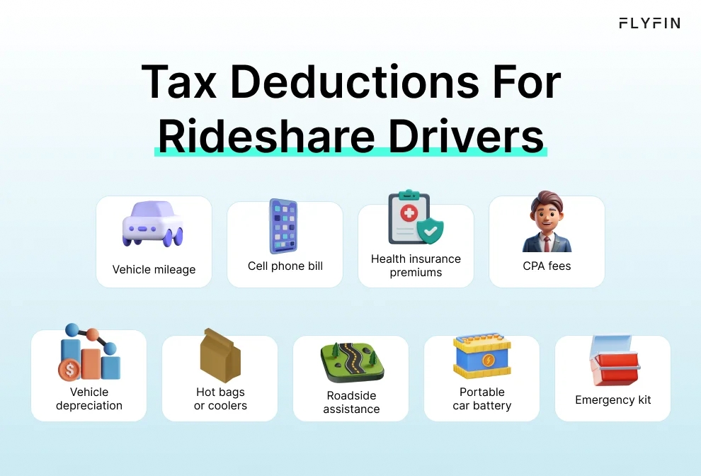 Infographic entitled Tax Deductions For Rideshare Drivers listing tax write-offs to lower Lyft and Uber tax.